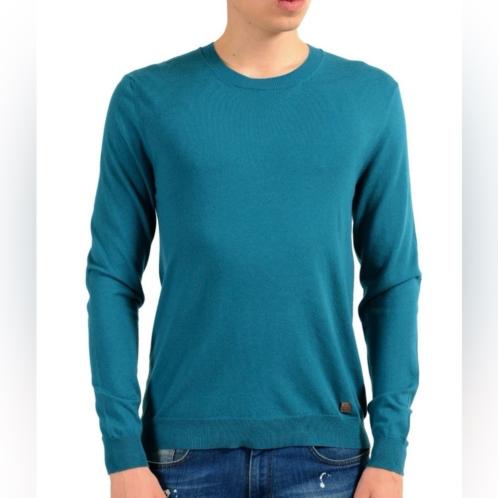 Versace Teal‎ Wool Blend Men's Sweater Pleat Design on back Authentic Size Large